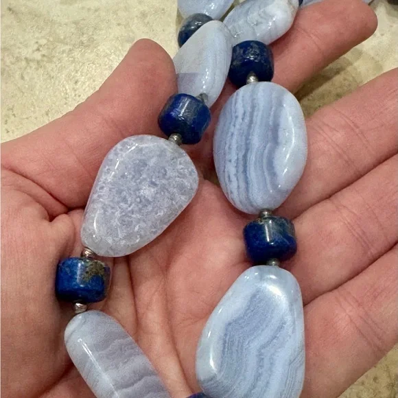 Mine Finds Jay King - Soft Blue Laced Agate - Lapis Accent Beads Necklace .925 - Picture 2 of 4